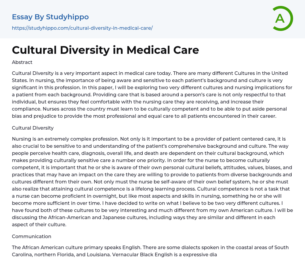 Cultural Diversity in Medical Care Essay Example