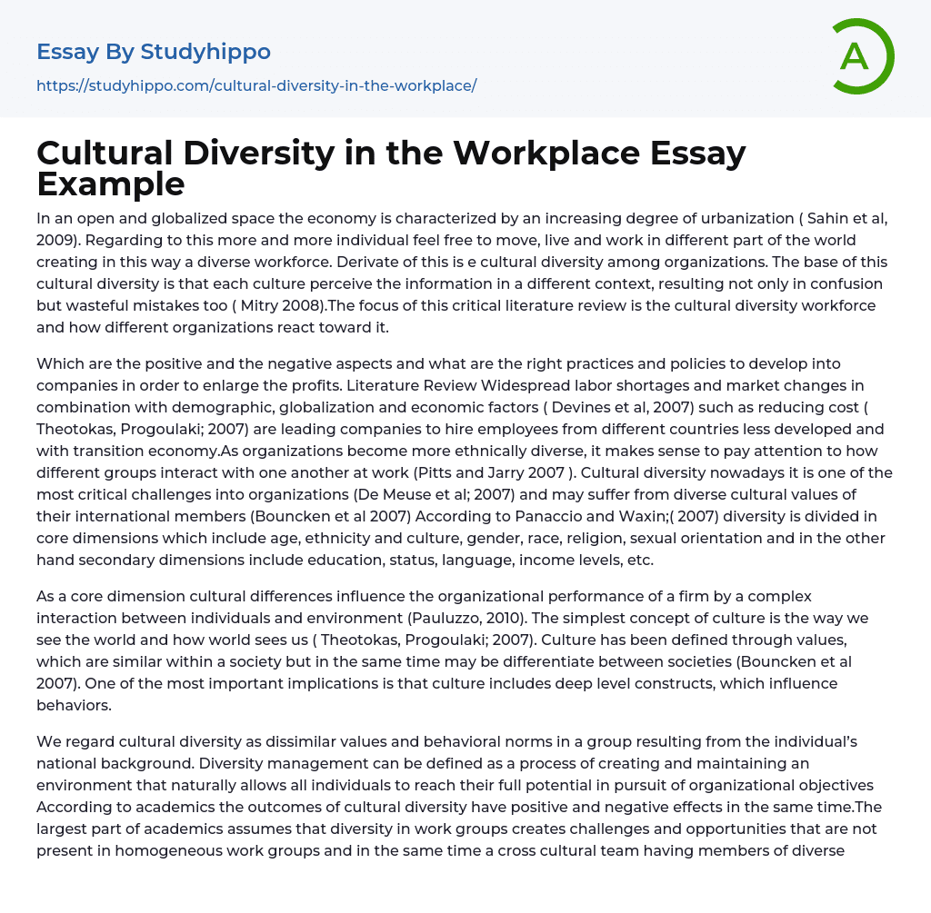 Cultural Diversity in the Workplace Essay Example