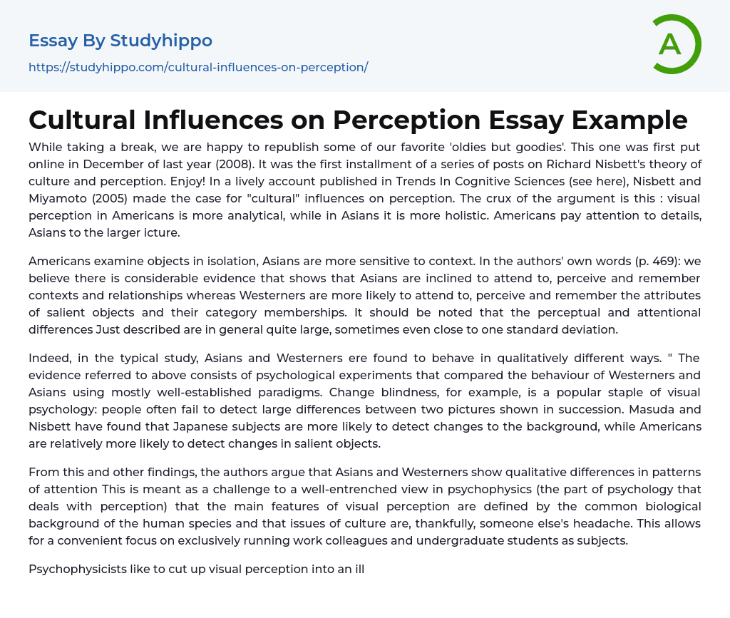 Cultural Influences on Perception Essay Example