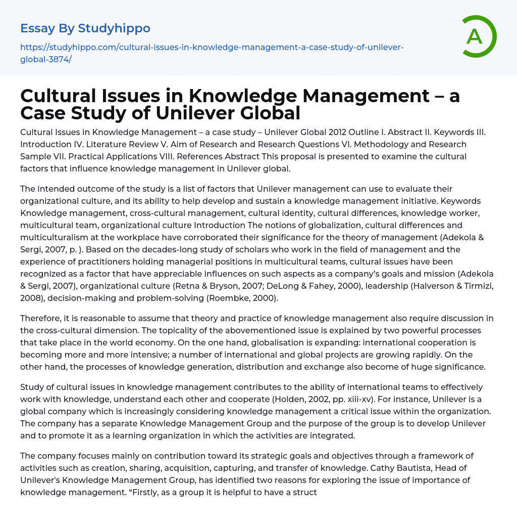 Cultural Issues in Knowledge Management – a Case Study of Unilever Global Essay Example