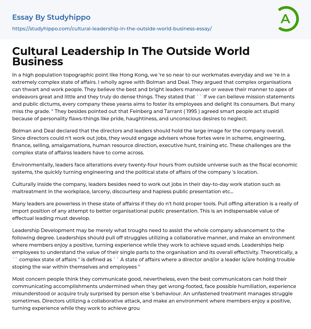 Cultural Leadership In The Outside World Business Essay Example