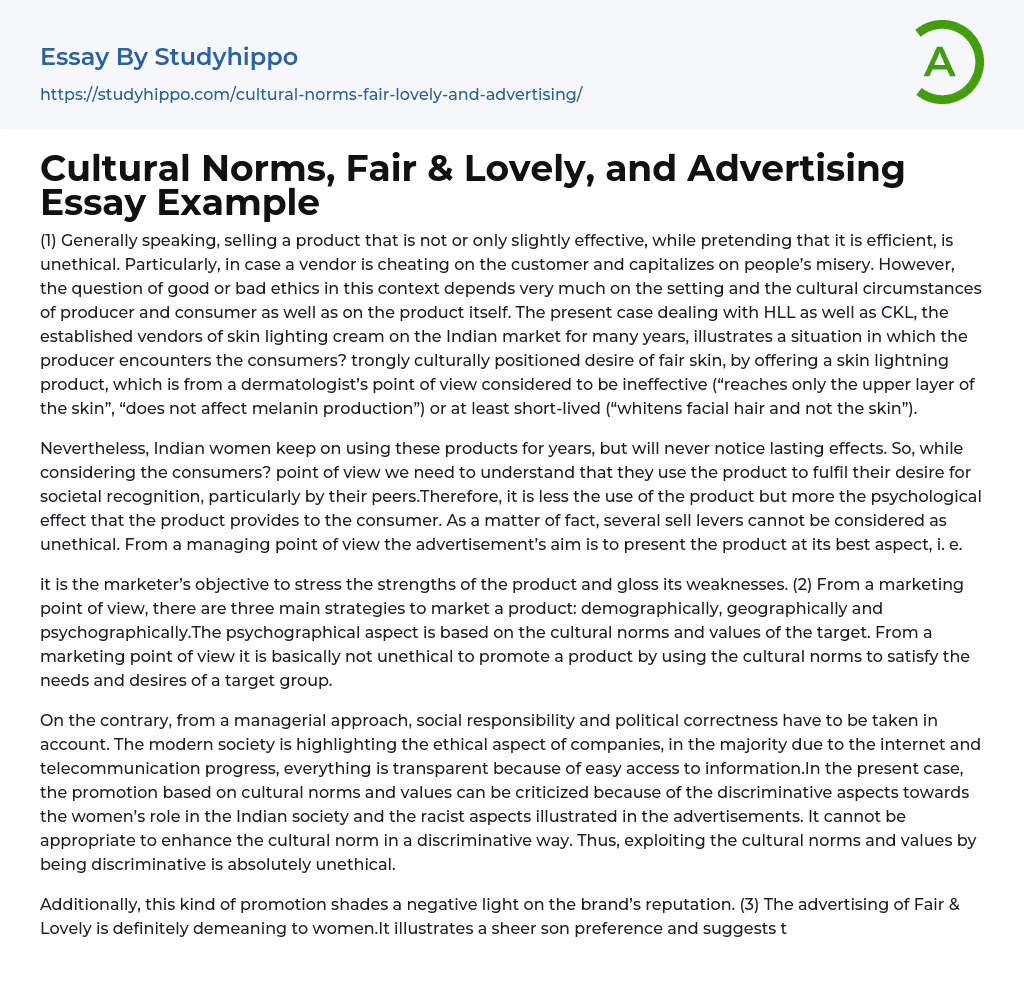 Cultural Norms, Fair & Lovely, and Advertising Essay Example