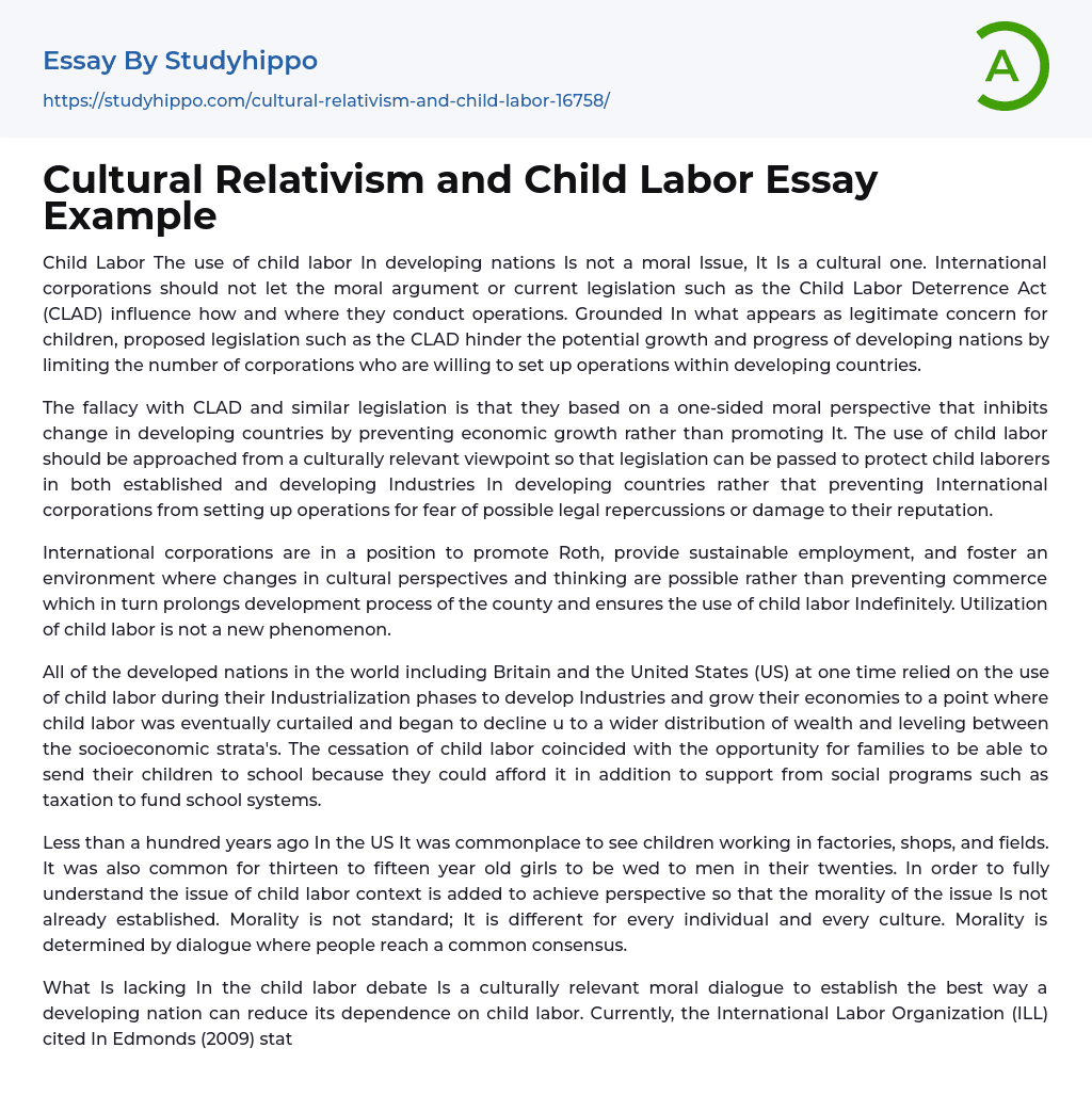 Cultural Relativism and Child Labor Essay Example