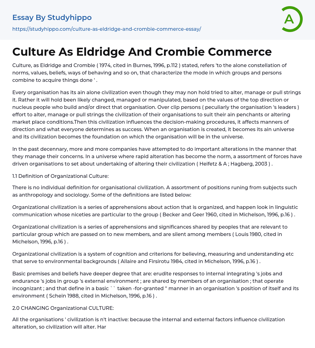 Culture As Eldridge And Crombie Commerce Essay Example