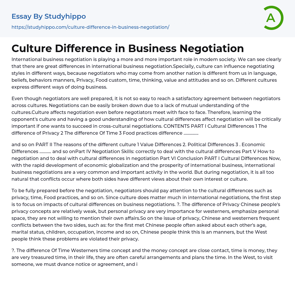 Culture Difference in Business Negotiation Essay Example