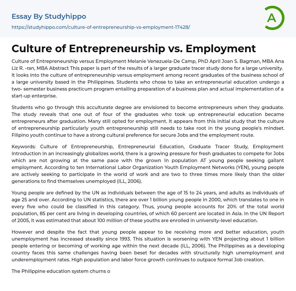 Culture of Entrepreneurship vs. Employment Essay Example