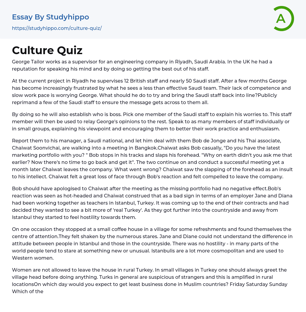 Culture Quiz Essay Example