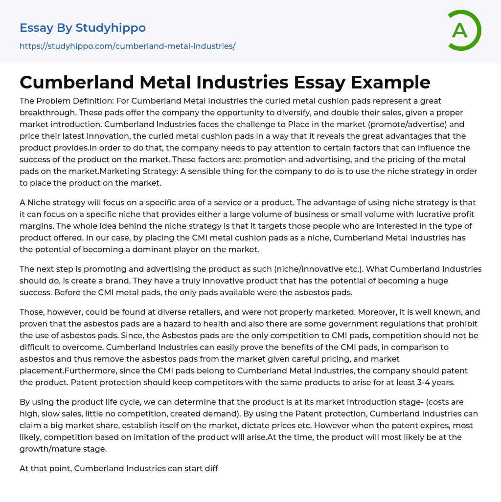 Cumberland Metal Industries Essay Example