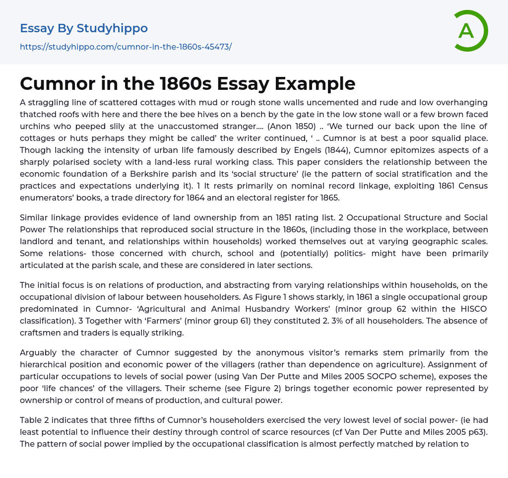 Cumnor in the 1860s Essay Example