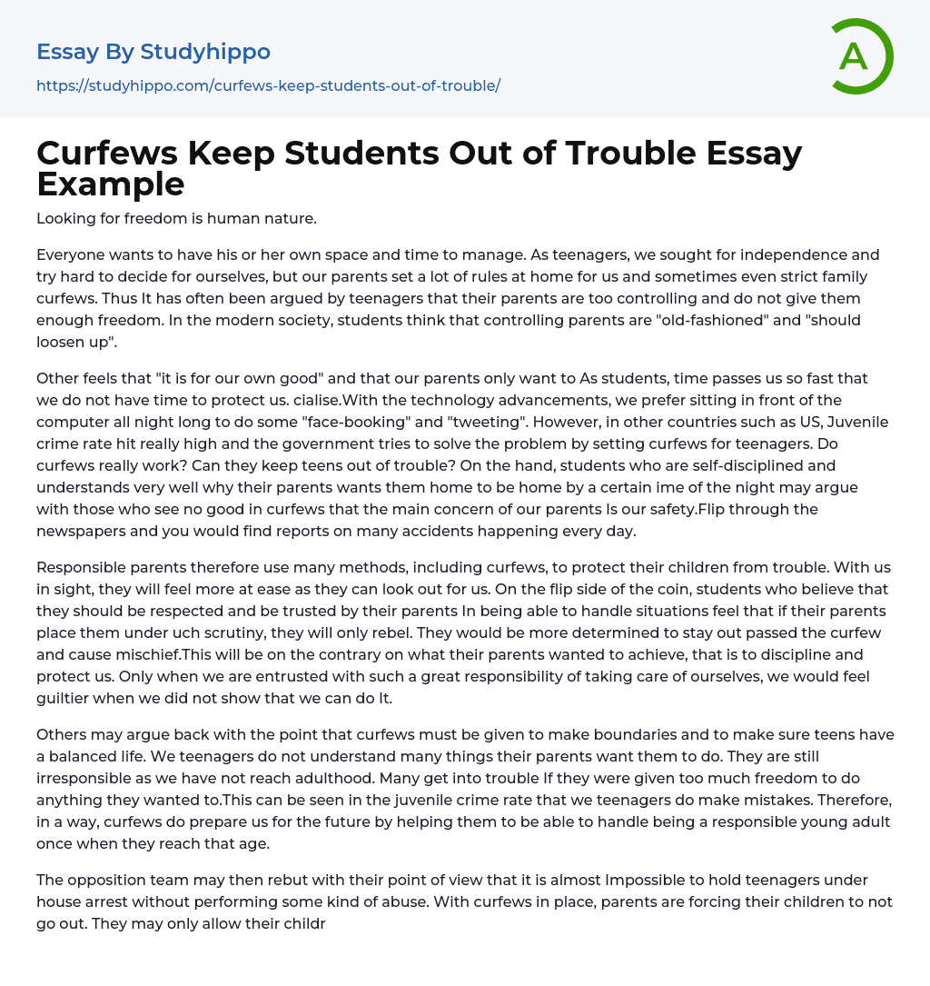 Curfews Keep Students Out of Trouble Essay Example
