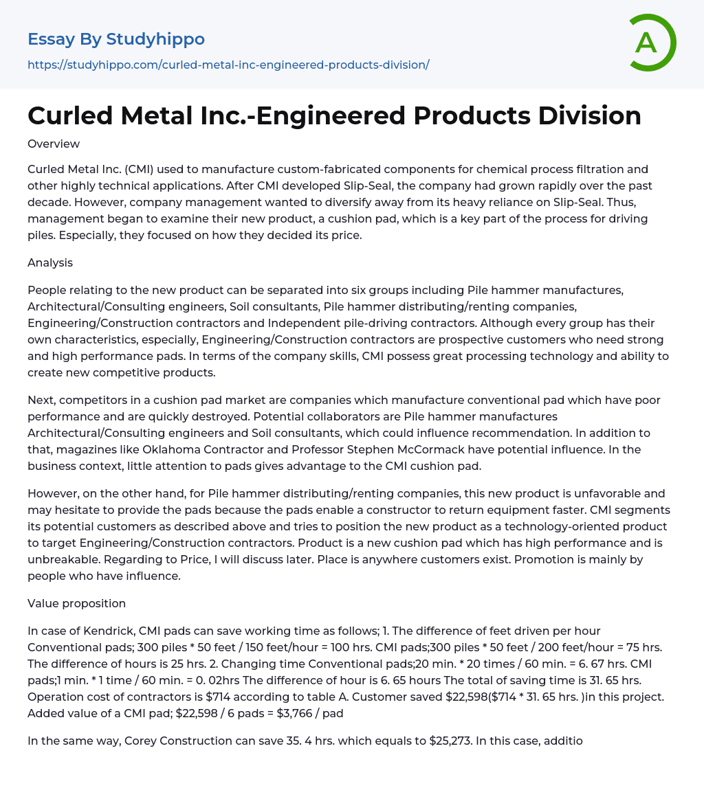 Curled Metal Inc.-Engineered Products Division Essay Example