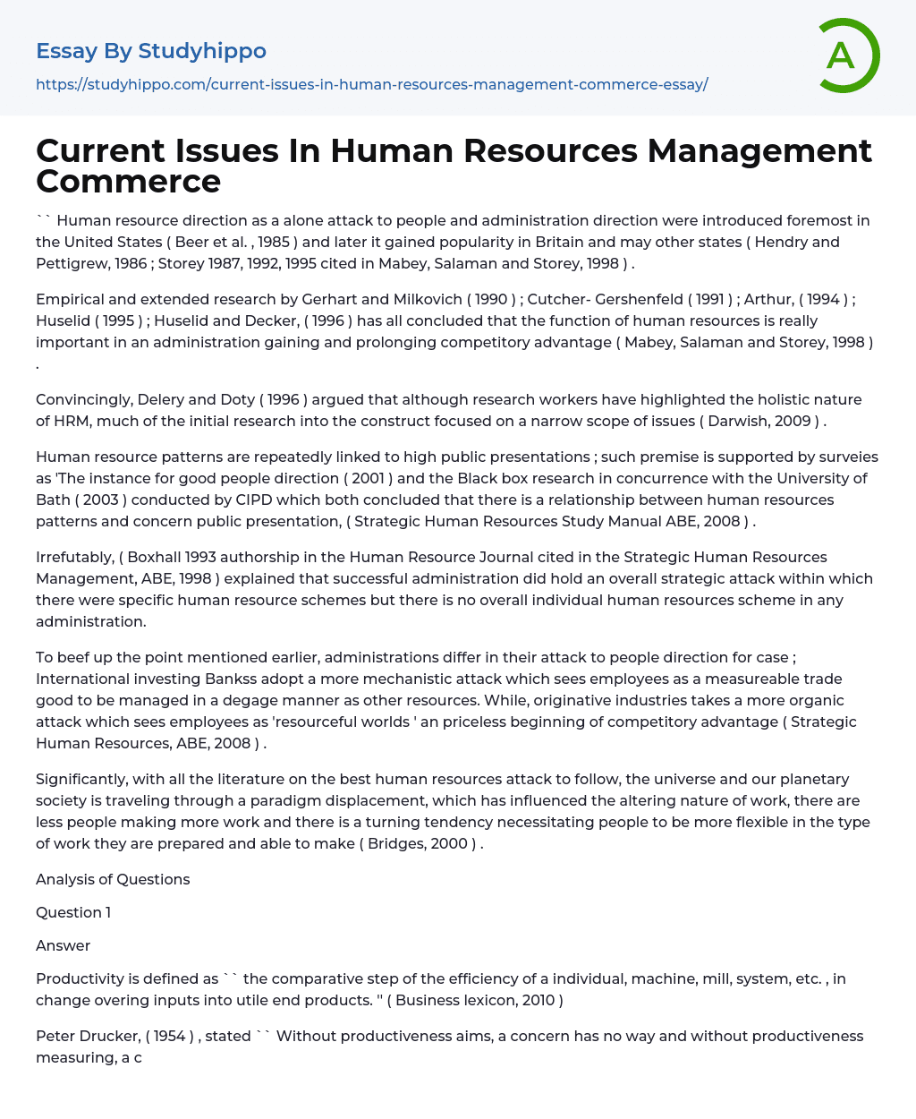 Current Issues In Human Resources Management Commerce Essay Example