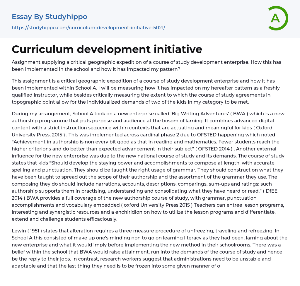 Curriculum development initiative Essay Example