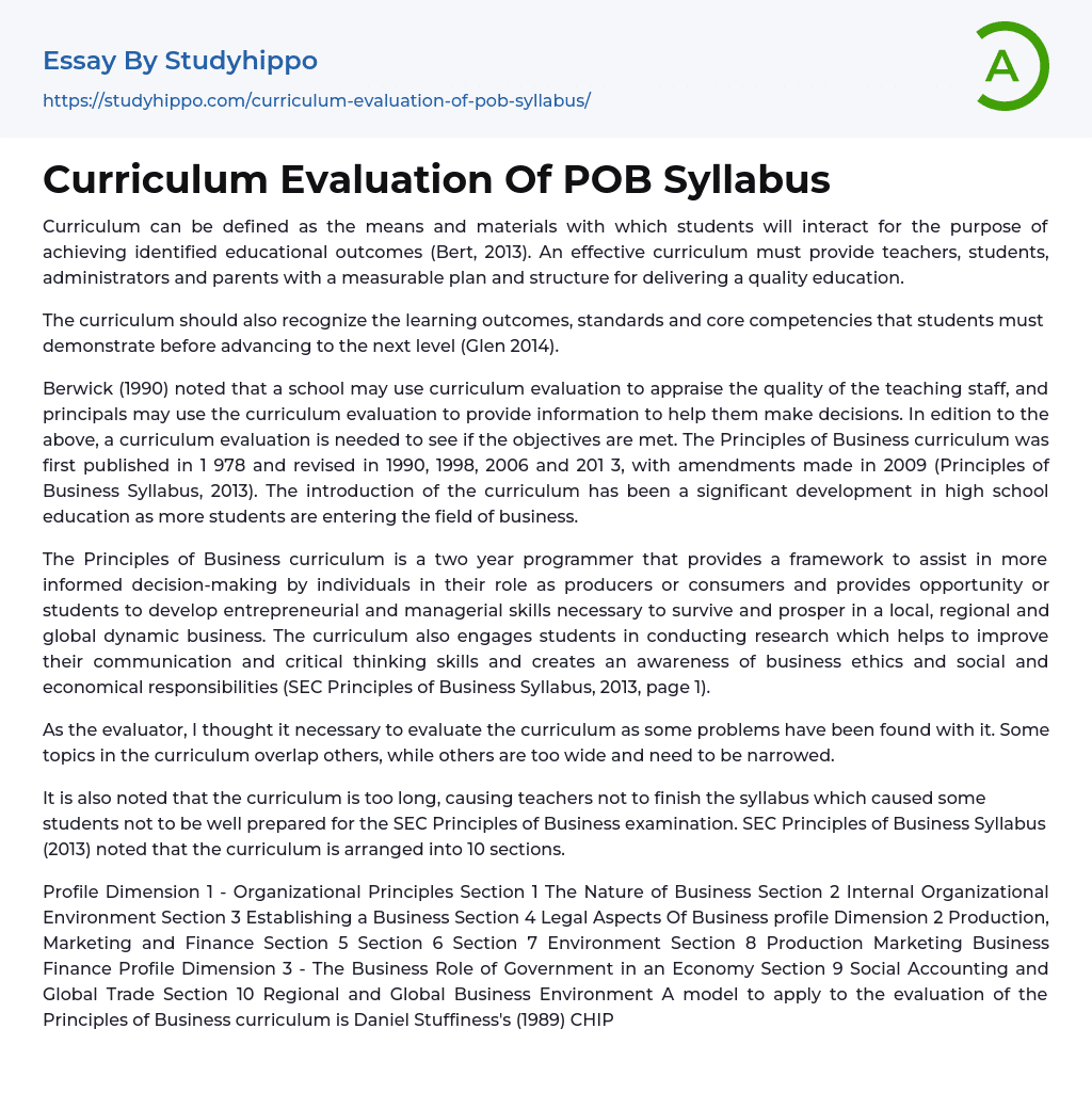 Curriculum Evaluation Of POB Syllabus Essay Example