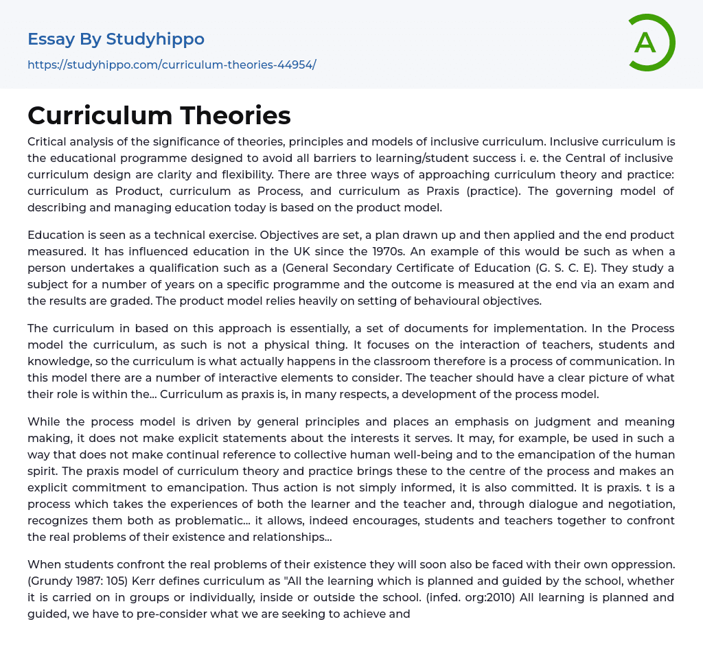 Curriculum Theories Essay Example