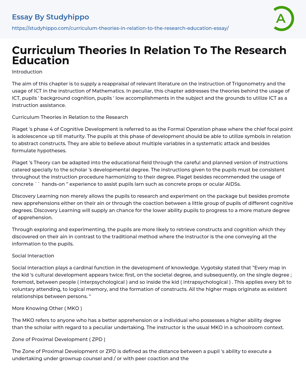 Curriculum Theories In Relation To The Research Education Essay Example