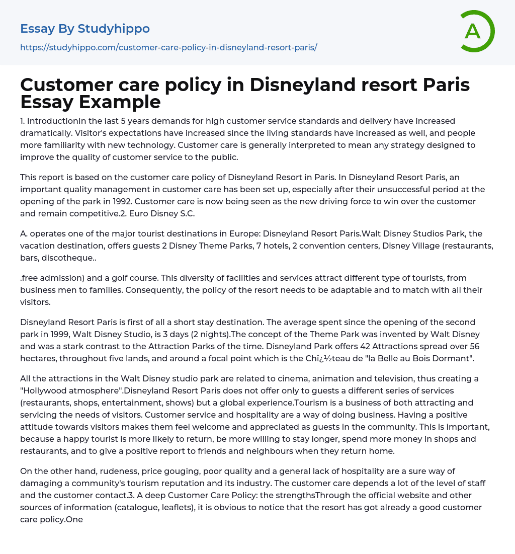Customer care policy in Disneyland resort Paris Essay Example