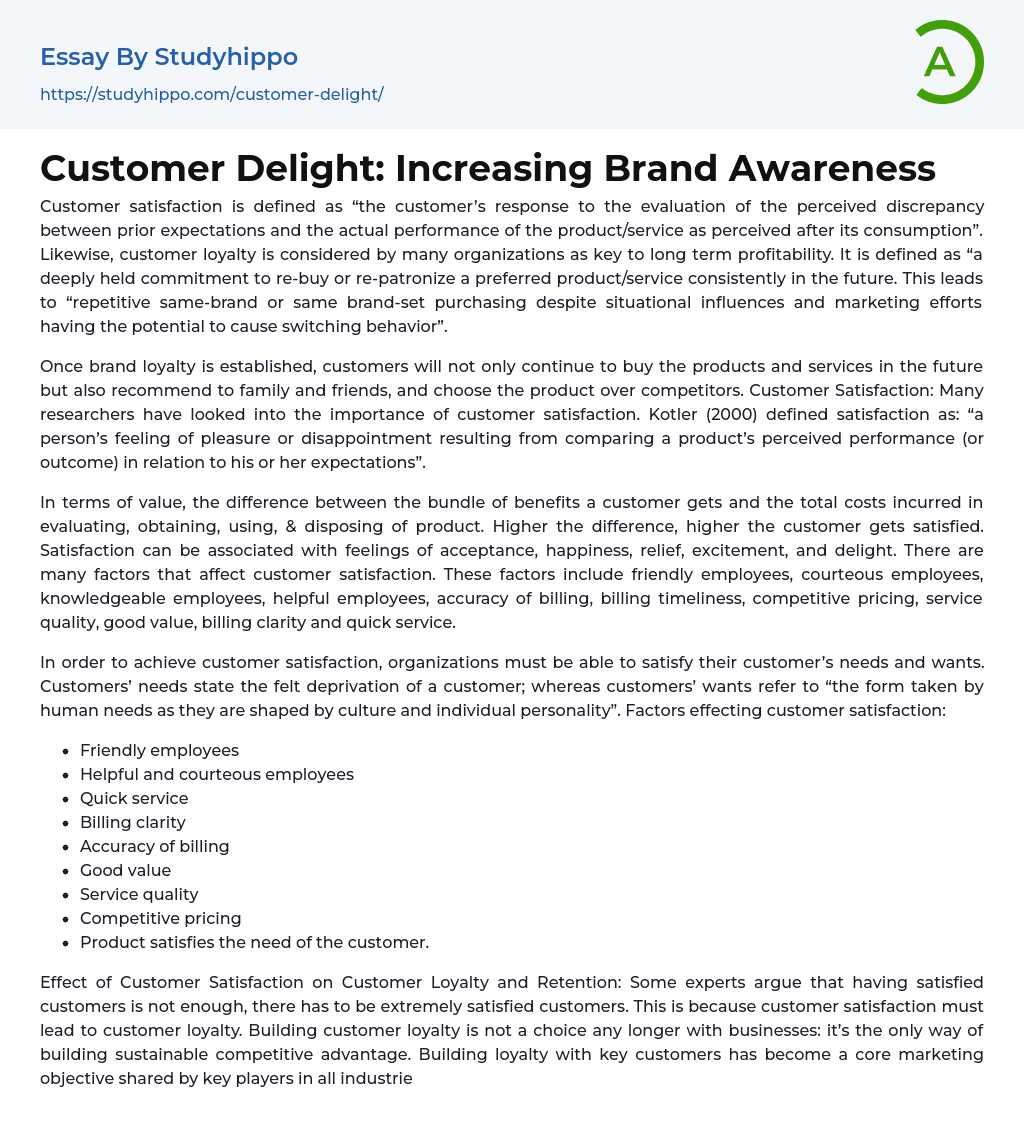 Customer Delight: Increasing Brand Awareness Essay Example