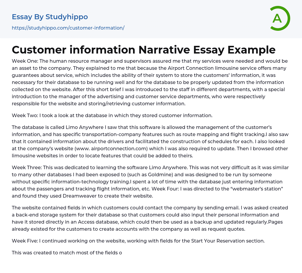 Customer information Narrative Essay Example