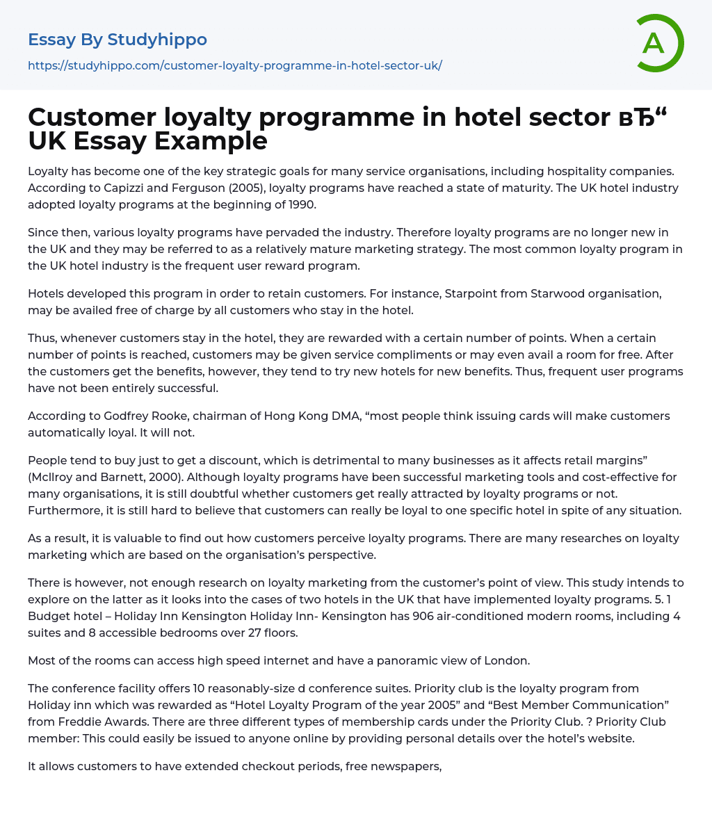 Customer loyalty programme in hotel sector UK Essay Example