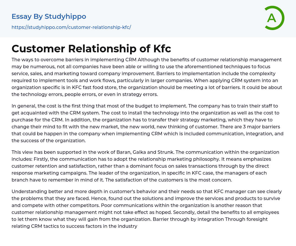 Customer Relationship of Kfc Essay Example