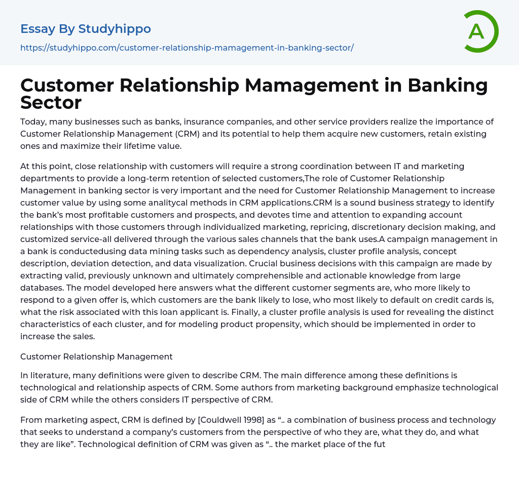 Customer Relationship Mamagement in Banking Sector Essay Example