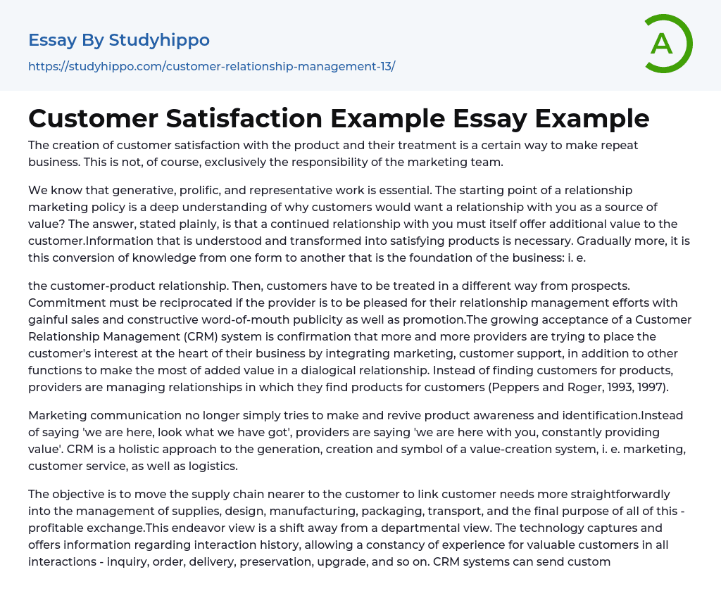 Customer Satisfaction Example Essay Example