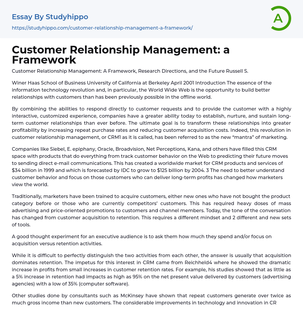 Customer Relationship Management: a Framework Essay Example