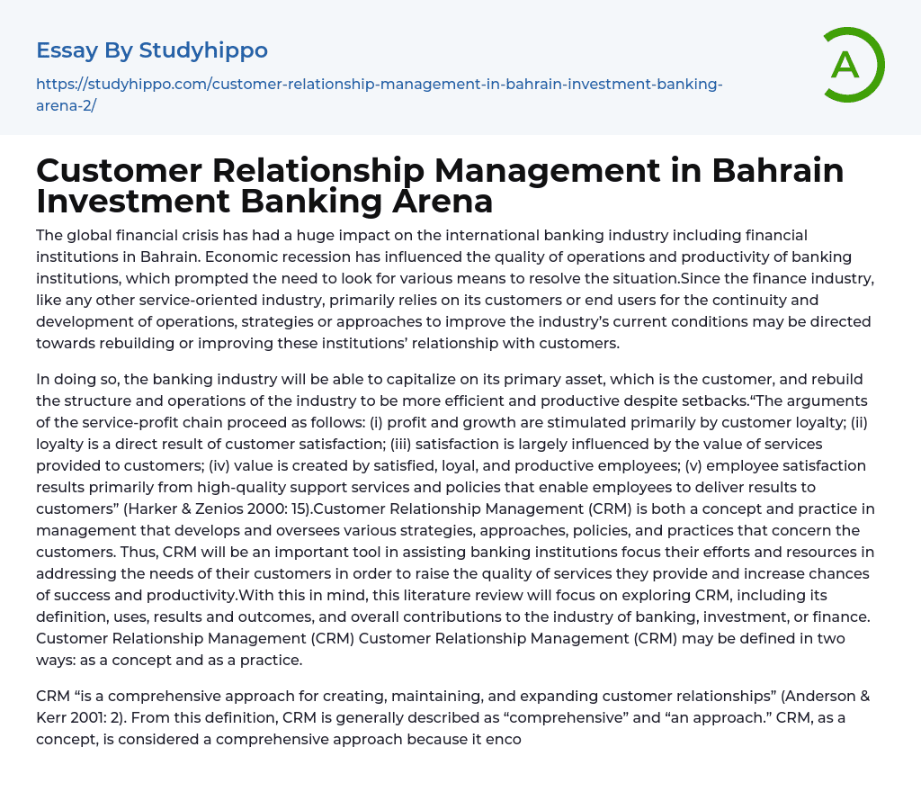 Customer Relationship Management in Bahrain Investment Banking Arena Essay Example