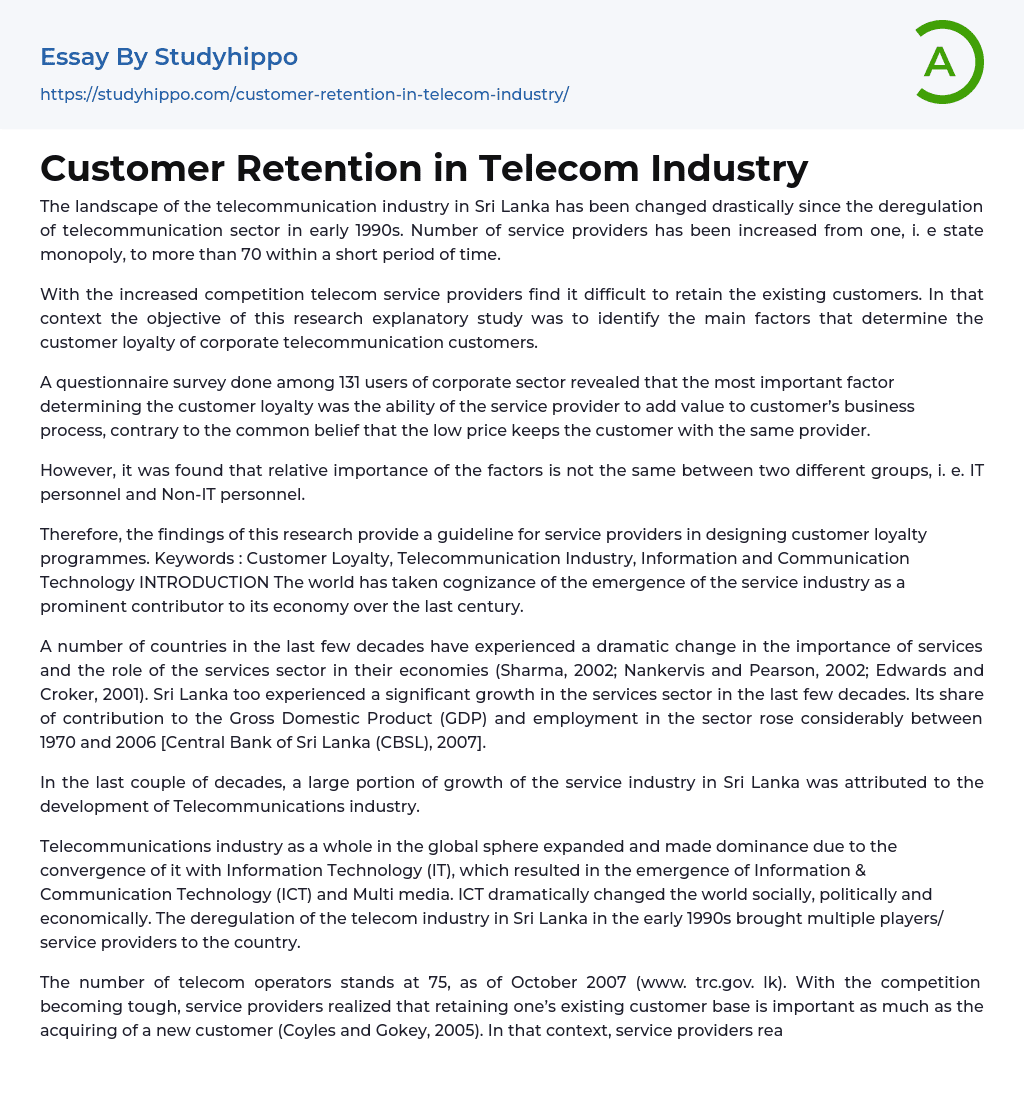 Customer Retention in Telecom Industry Essay Example