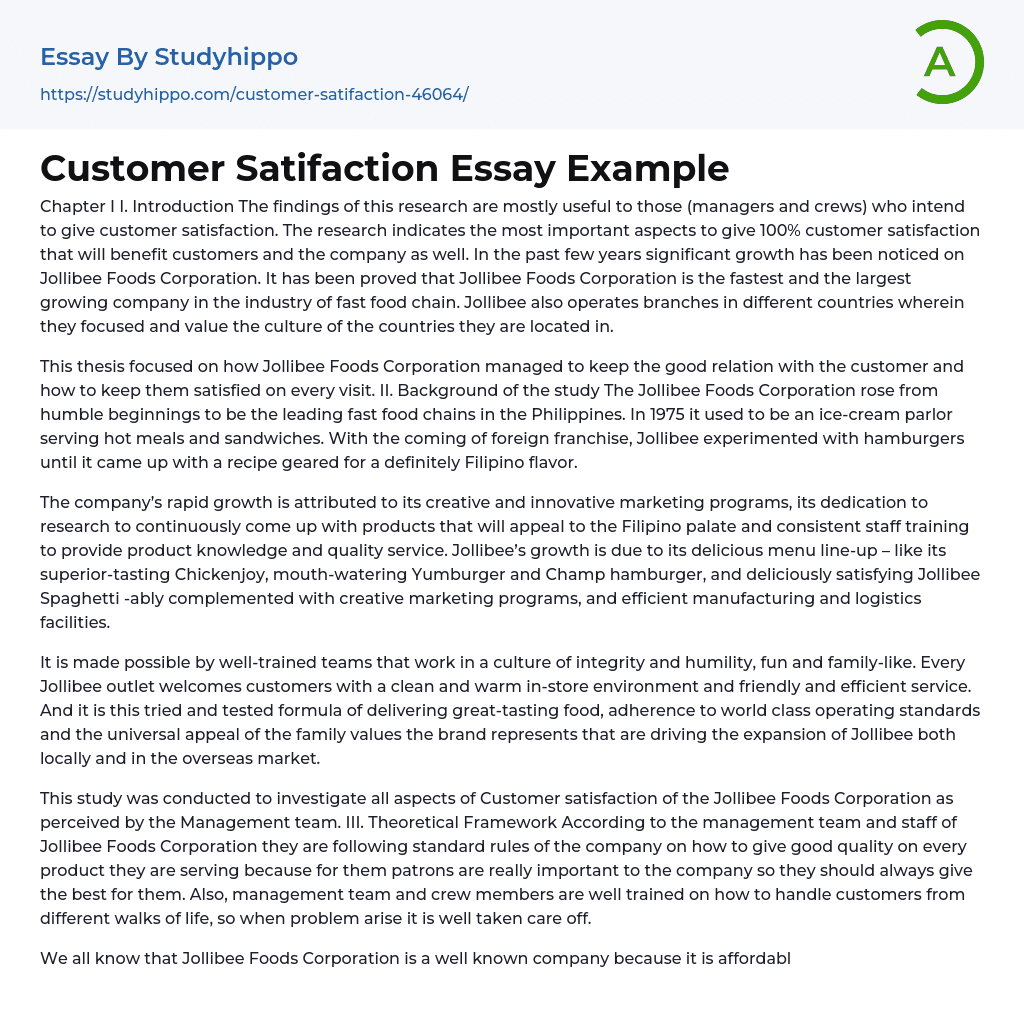 Customer Satifaction Essay Example