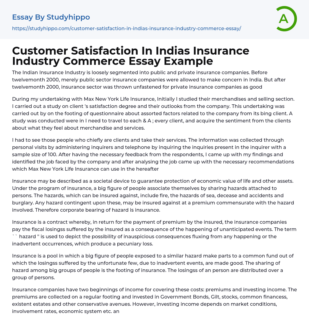 Customer Satisfaction In Indias Insurance Industry Commerce Essay Example