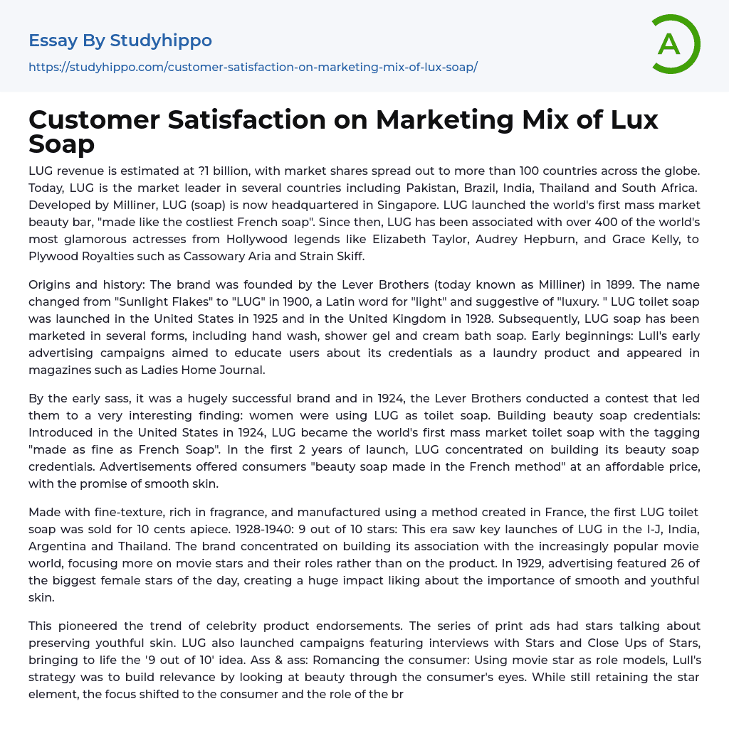 Customer Satisfaction on Marketing Mix of Lux Soap Essay Example