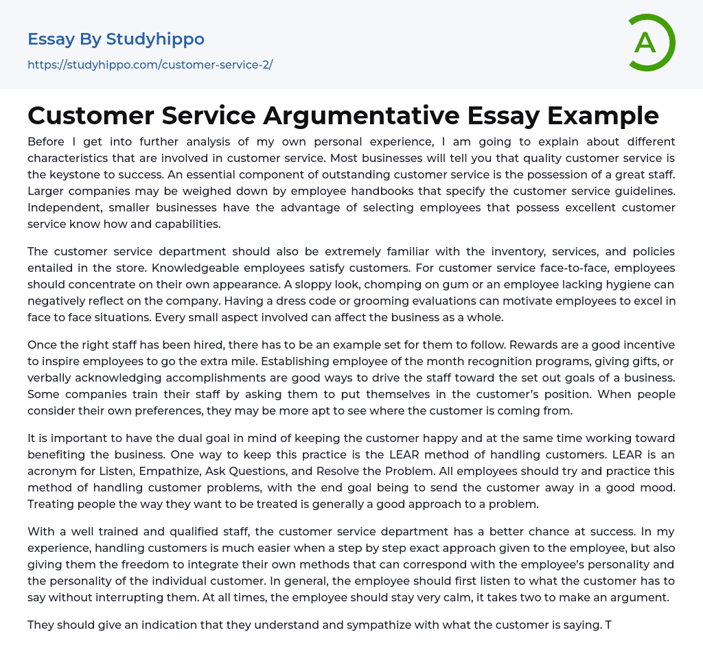 Customer Service Argumentative Essay Example