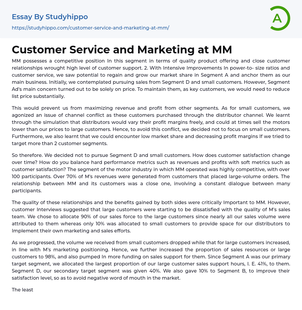 Customer Service and Marketing at MM Essay Example