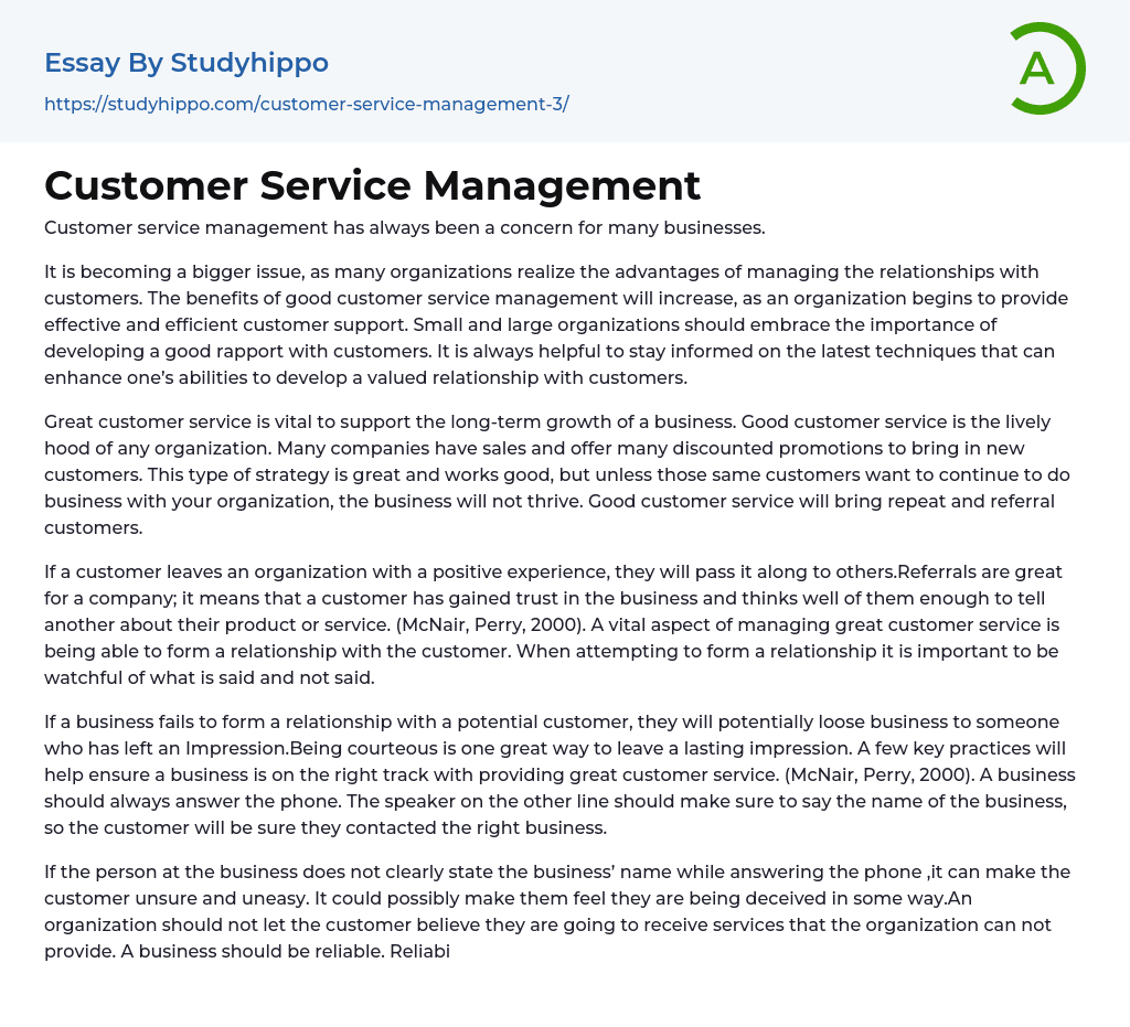 Customer Service Management Essay Example