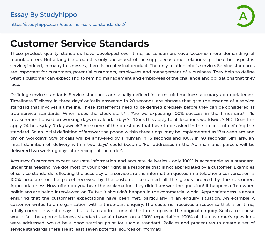 Customer Service Standards Essay Example