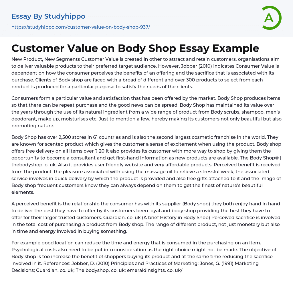 Customer Value on Body Shop Essay Example