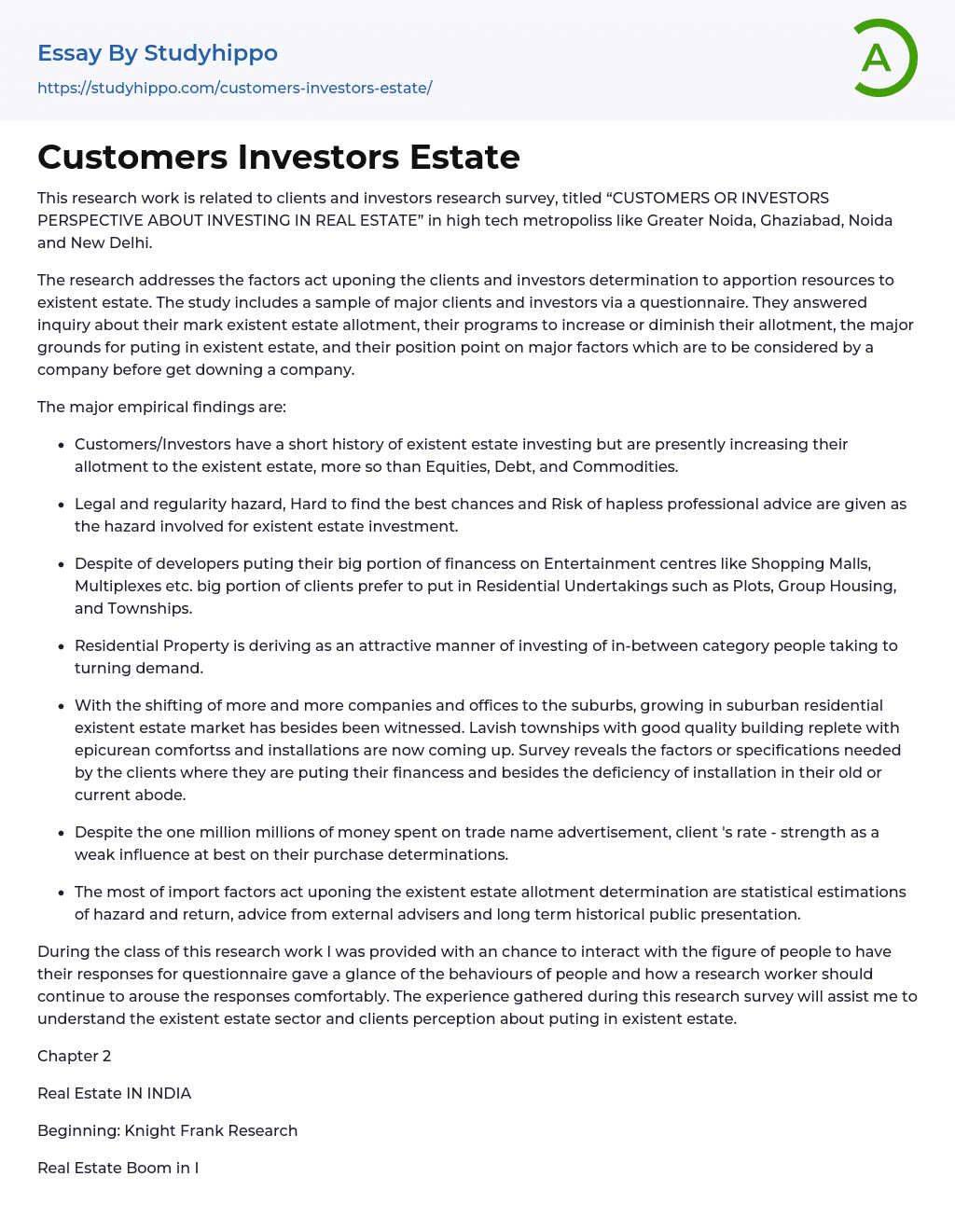 Customers Investors Estate Essay Example