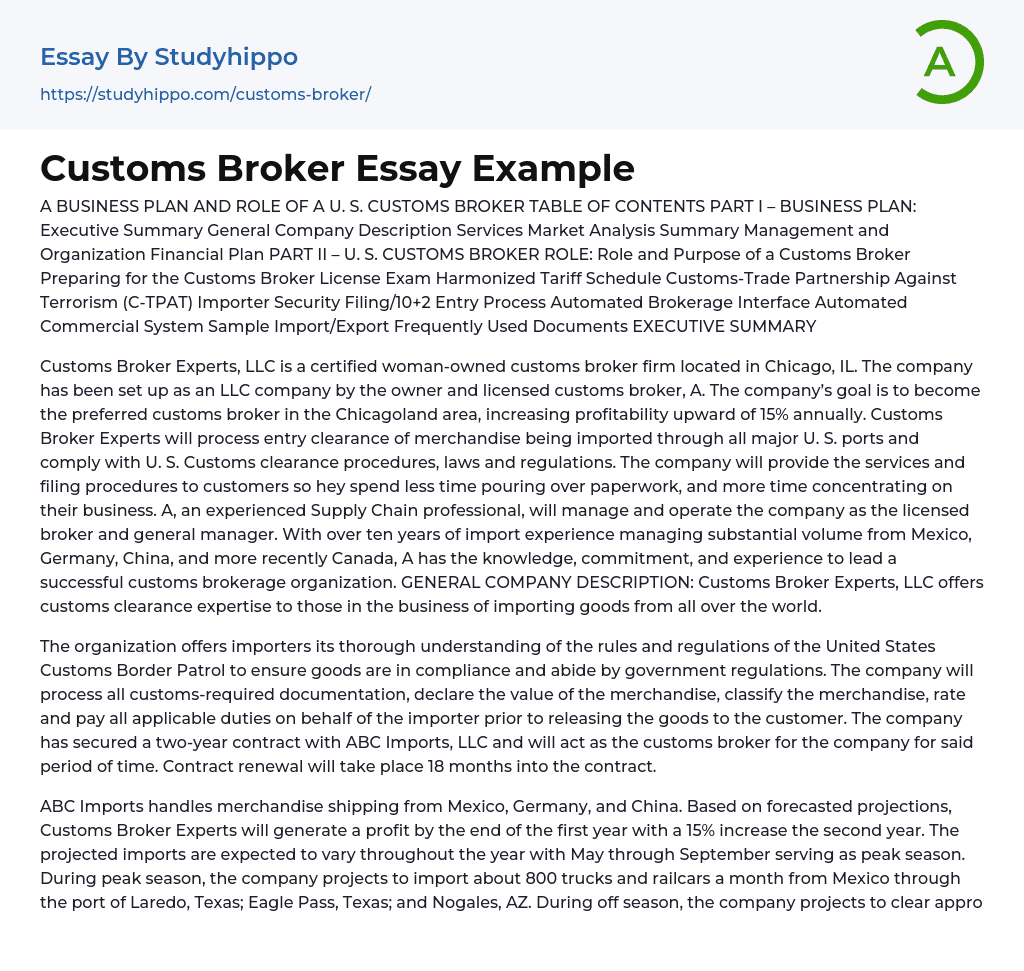 Customs Broker Essay Example
