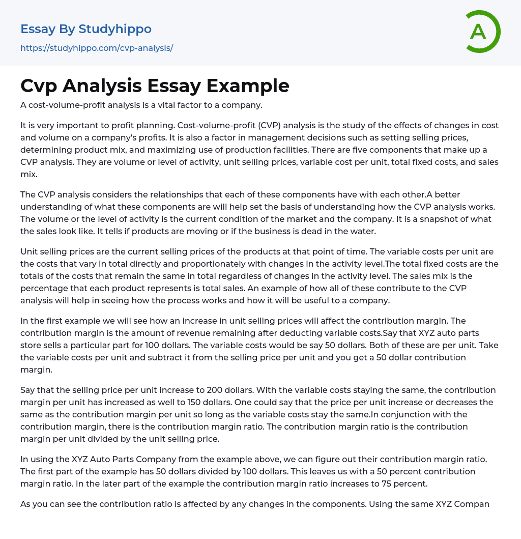 Cvp Analysis Essay Example