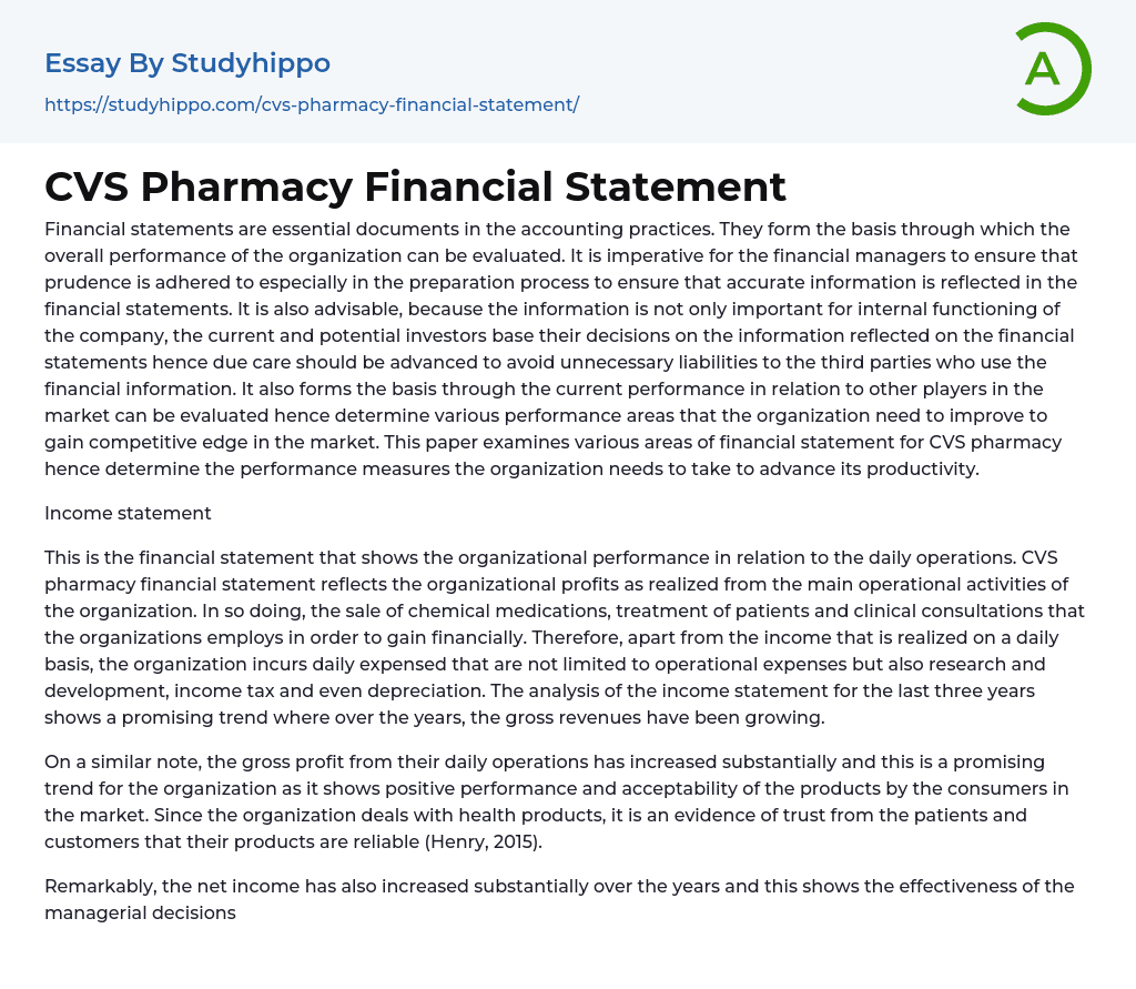 CVS Pharmacy Financial Statement Essay Example