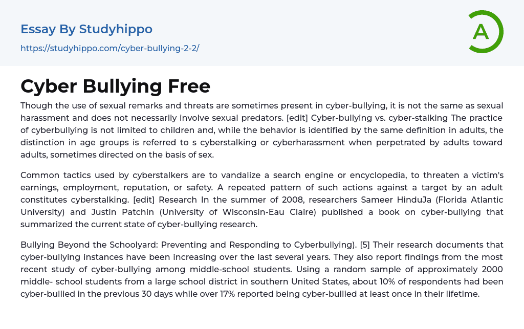 Cyber Bullying Free Essay Example