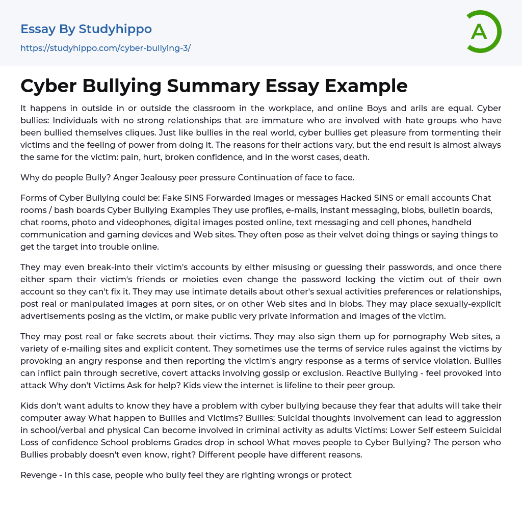 Cyber Bullying Summary Essay Example