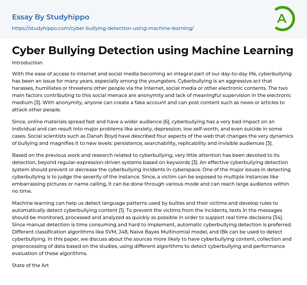 Cyber Bullying Detection using Machine Learning Essay Example