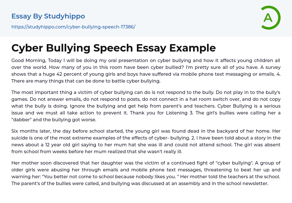 Cyber Bullying Speech Essay Example