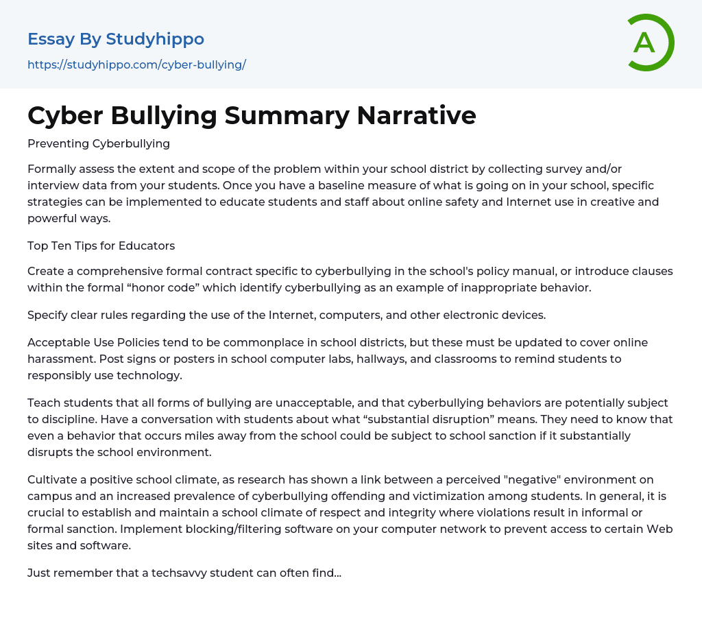 Cyber Bullying Summary Narrative Essay Example