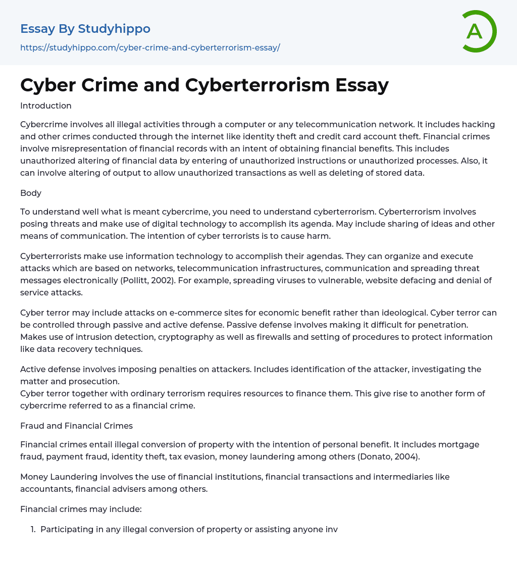Cyber Crime and Cyberterrorism Essay