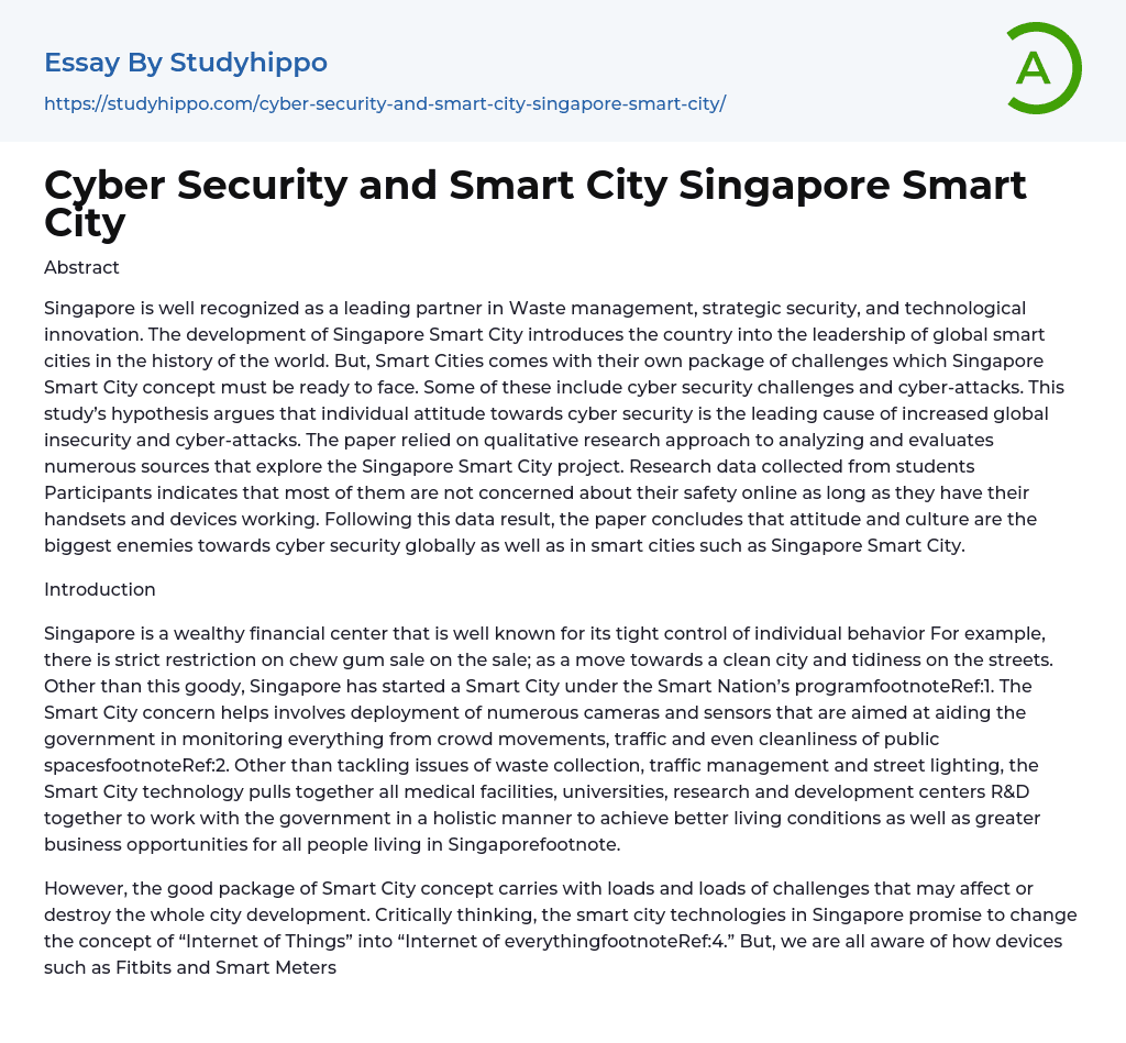 Cyber Security and Smart City Singapore Smart City Essay Example