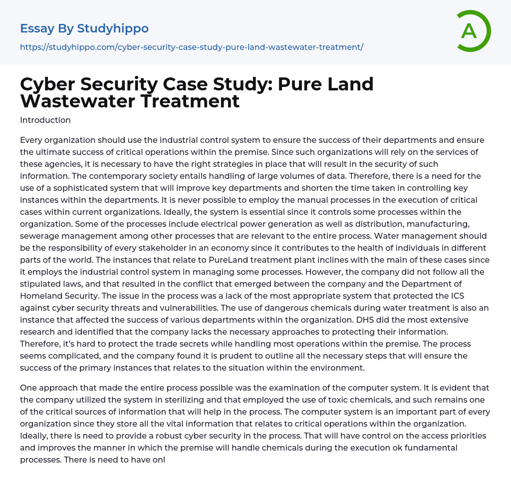 Cyber Security Case Study: Pure Land Wastewater Treatment Essay Example